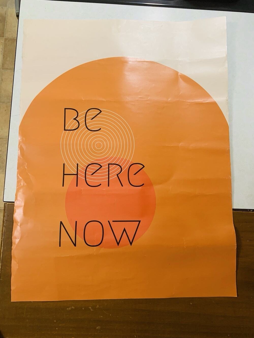 Vintage 1970s Abstract “Be Here Now” Wall Poster – Retro Concentric Circles Art